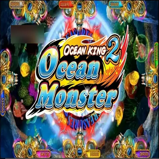 Layar Ocean King 2 Ocean Monster dengan meriam pemain di tepi layar, tulisan pojok kiri disamarkan