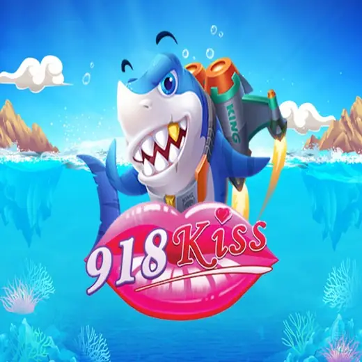 Sampul game tembak ikan 918Kiss dengan hiu kartun berpeluncur roket di laut biru