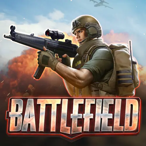 Sampul slot Battlefield dengan tentara berhelm membidik senapan di depan ledakan dan pesawat