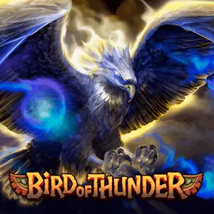 Sampul Bird of Thunder dengan elang biru bersayap lebar di tengah petir