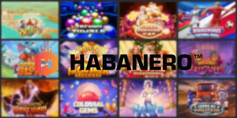 Kolase ubin slot Habanero dengan logo Habanero di tengah, termasuk Colossal Gems dan Knockout Football Rush