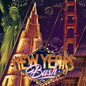 Sampul New Year's Bash dengan gedung pencakar langit, Patung Liberty dan kembang api