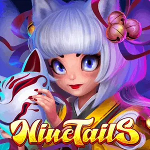 Sampul Nine Tails dengan gadis rubah berambut putih, topeng rubah dan lonceng emas