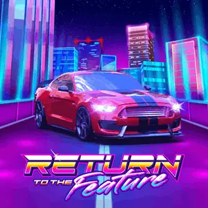 Sampul Return to the Feature dengan mobil sport merah di jalan kota bercahaya neon ungu