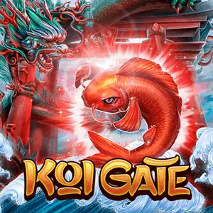 Sampul Koi Gate dengan ikan koi merah besar melompat dari ombak di depan gerbang merah