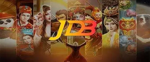 Logo JDB dengan latar tokoh-tokoh game kartun bergaya Tionghoa