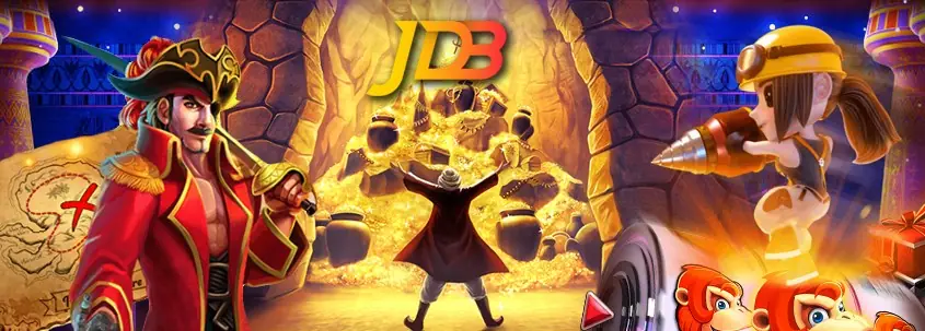 Banner JDB dengan bajak laut berjas merah, gua penuh emas dan penambang kecil membawa bor