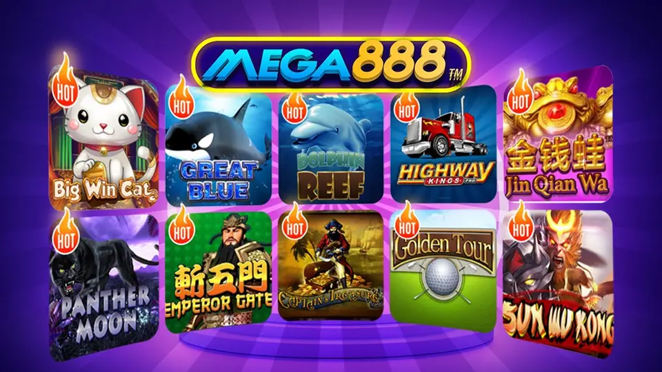 Lobi Mega888 dengan ubin Big Win Cat, Great Blue, Dolphin Reef, Highway Kings, Jin Qian Wa, Panther Moon dan Sun Wu Kong
