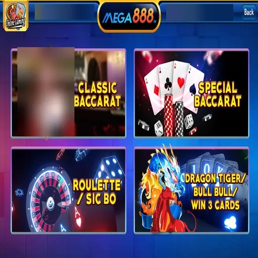 Menu meja Mega888 dengan Classic Baccarat, Special Baccarat, Roulette dan Sic Bo, serta Dragon Tiger, Bull Bull dan Win 3 Cards, nama pengguna disamarkan