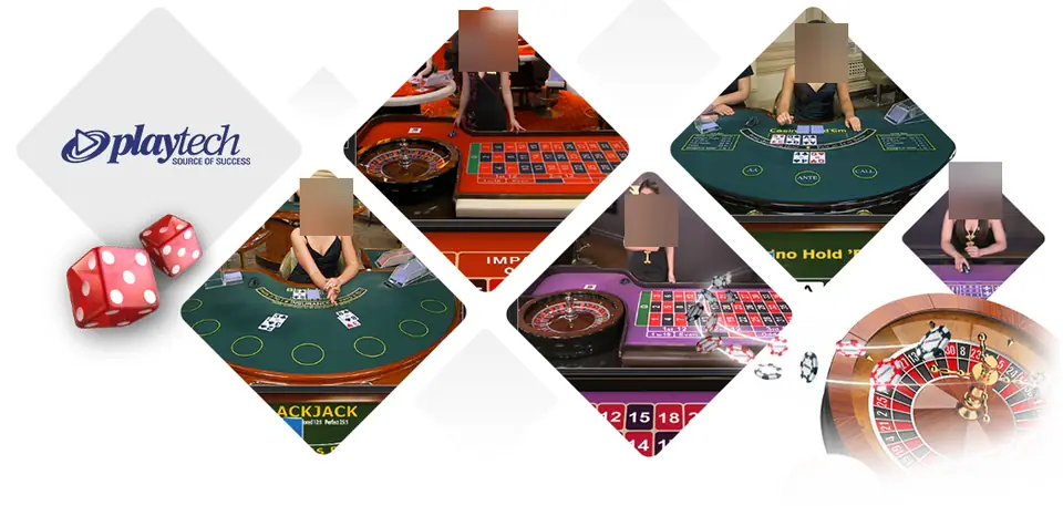 Kolase meja live Playtech: roulette, blackjack dan Casino Hold'em dengan dealer, wajah disamarkan