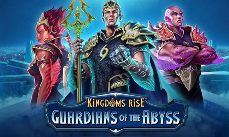 Sampul slot Kingdoms Rise Guardians of the Abyss dengan tiga ksatria bawah laut, satu memegang trisula