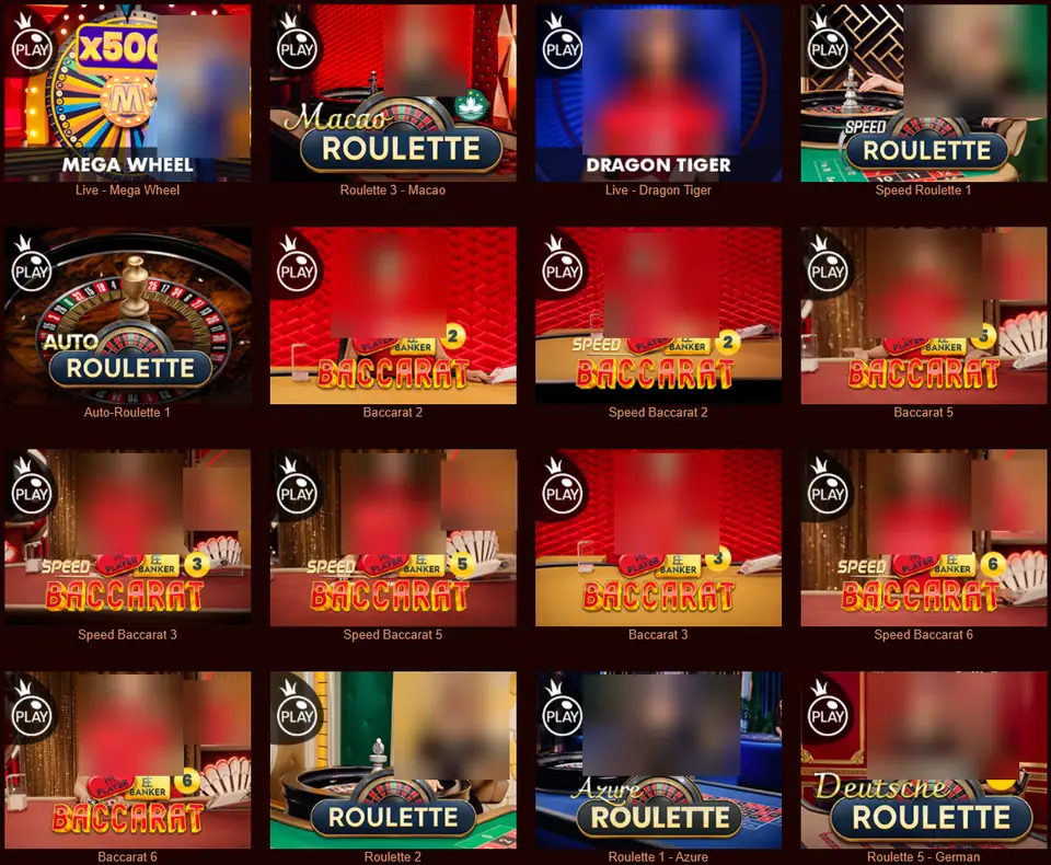Lobi Pragmatic Play Live dengan enam belas meja baccarat, roulette, Mega Wheel dan Dragon Tiger, wajah dealer disamarkan