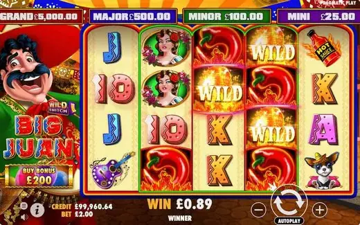 Layar permainan Big Juan dengan kotak jackpot Grand, Major, Minor dan Mini, simbol cabai dan tombol Buy Bonus
