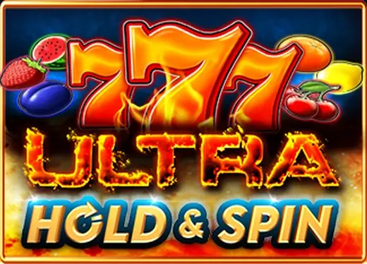 Logo 777 Ultra Hold & Spin dengan angka tujuh merah menyala dan buah-buahan klasik