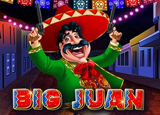 Ubin judul Big Juan: pria berkumis dengan sombrero dan dua pistol di jalan penuh bendera kertas